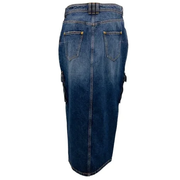 Balmain Dark Denim Cargo Midi Skirt - Picture 3 of 5